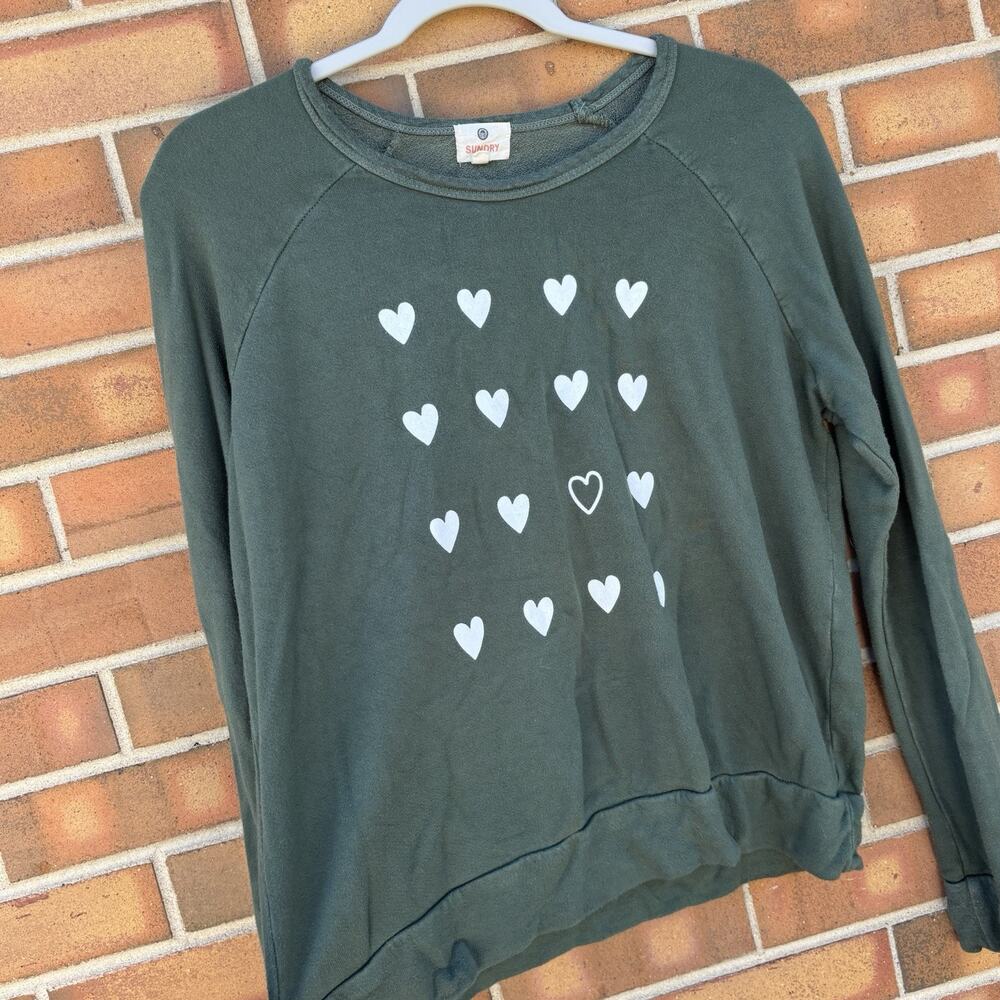Sundry Womens Sz 1 Pullover Crewneck Sweatshirt Hearts Green Lounge Worn